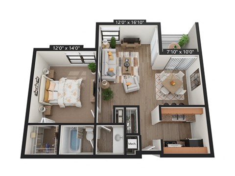 Floor plan for 1 bed, 1 bath, 737 sqft